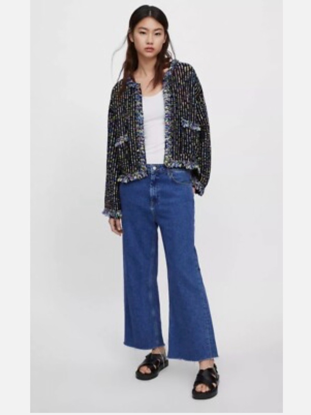 Zara Multicolor Tweed Fringe Open-Front Cardigan Jacket Size Medium